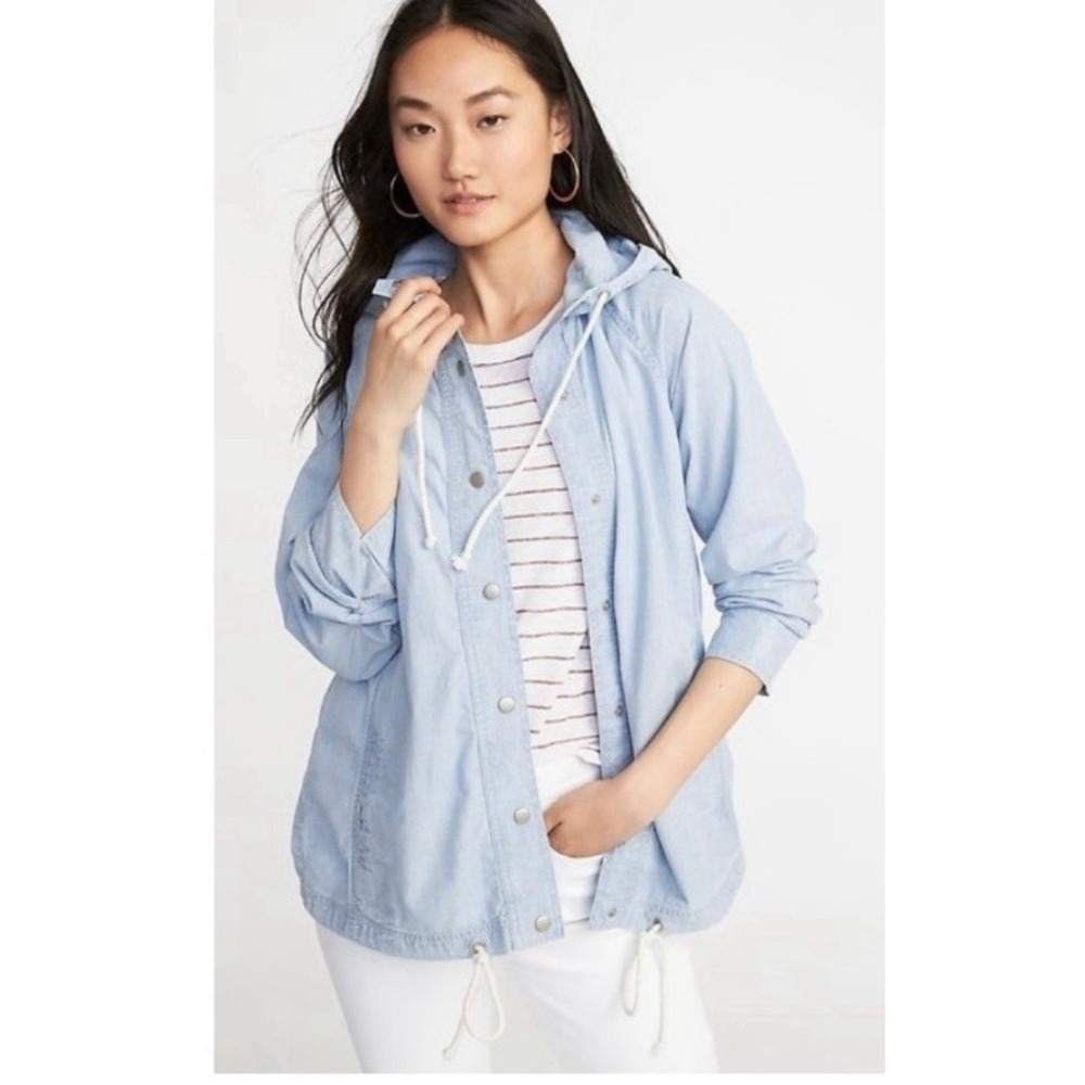 Old Navy Womens Light Wash Chambray Hooded Field Jacket Blue Small S